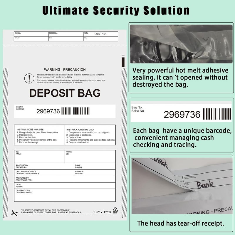 Seadasyoon Plastic Deposit Bags 30 Pack 9.5''x 15'', Opaque Security Bank Deposits,Cash register,Money bag for Cash,Bank Pocket,Tamper-Evident,Unique Barcode - Image 3